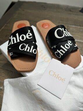 Chloé Woody Flat Logo-Print Canvas Slides in Black sz 36